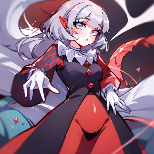 (melhor qualidade: 1.0), (super high res: 1.0), personagem extremamente detalhado, detailed hands, Half-dragon girl, chifres, scales on the neck, escamas nos ombros, scales on the forearm, escamas na bochecha, Girl with dragon tail, dragon tailed, Cabelo extremamente detalhado, cabelo curto, ((Cabelo branco)),((mechas pretas)), olhos extremamente detalhados, olho com cores diferentes, Heterocromia, olho direito branco, olho esquerdo preto, dragon eyes, 2D, Arte de Anime, ((corpo inteiro)), standing on her feet, medieval, RPG, olhar perverso, rindo, magra, olho de estrela, olho estrelado