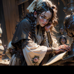 vivid lighting, Side view of a huge ruined room, There is a battle going on, A ruined platform, war, Duo of a woman and a man, side-view, Hi-Def, ultradetail, European facial features, realeme fentezi, Pattern, portraite of a, side glance: woman's, 36yo, dark brown long hair, dark eyes, Frowning, A fighting look into the distance, dressed in an old shabby gray cloak,Beautiful handkerchief, wrapped around her head, Hands raised up, Clarity: 8 months, scenery: side view Huge throne room with large windows, A 36-year-old woman in an old raincoat stands near a throne, Ao fundo, Near the throne, A man hugs a woman by the shoulders, Rear side view: A man hugs a woman by the shoulders, Standing behind the throne of steam (((male)), fashion photography, (Full portrait), (half), ??, Detailed background, Detailed Face, (stonepunkAI, Stone theme:1.1), wise, (beautiful hair, braid: 0.2), shaman, The partition is harsh, mysterious, (Gorgeous face), Stunning, The head is tilted upwards, (calm expression on his face), Calm, Intimate Interaction. detailed clothes, realistic skin texture, Clear Focus, voluminous lighting, Good moments, Good shadows, sub-surface Scattering, Complex, Highly detailed, ((film)), dramatic, (Highest Quality, Award-winning, Masterpiece: 1.5), (Realism) Next to them are two men with long hair, wlop and andrei riabovitchev, tuomas korpi and wlop, Darius Zawadzki and Tom Bagshaw, Donato Giancola and Tom Bagshaw, James Gurney and Andreas Rocha, rob rey and kentar� miura, andreas rocha and john howe