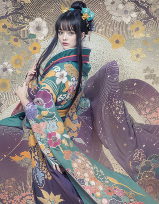 (Beautiful model in Japanese kimono commercial, beautiful straight long black hair), solo, ((face is 80% beauty and elegance, 20% pretty and cute:1.5)), clear eyes, (detailed eyes, light green eyes, bright pupils), Double Eyelids, (sexy lips with a little thickness:1.2), ((super detailed and incredibly high resolution Deep-purple Kimono:1.2)), Highly Detailed Face Texture, striking body shape, curvy and very attractive woman, high-resolution RAW color photo pro photo, BREAK ultra high-resolution textures, High-res body rendering, big eyes, unparalleled masterpiece, incredible high resolution, super detailed, stunning ceramic skin, BREAK ((Facing back to show the pattern of the Kimono:1.5)), ((Wearing a Yohen-Tenmoku kimono that uses a lot of glittering Deep-purple:1.5)), ((The main color is Deep-purple and the Yohen-Tenmoku Kimono has very colorful embroidery:1.2)), (Half-collar and Obi are White) ,(elaborately made classical Japanese Yohen-Tenmoku Kimono), ((The embroidery pattern is a Yohen Tenmoku pattern reminiscent of outer space):1.2), ((elaborately and elegantly decorated Deep-purple Kimono)), (Taken in front of a round fusuma window in a Japanese-style room)) BREAK ((Best Quality, 8k)), Crisp Focus:1.2, (Layer Cut, Big:1.2), (Beautiful Woman with Perfect Figure:1.4), (Beautiful and elegant rear view:1.3), Slender waist, (Correct hand shape:1.5), (Full body shot | cowboy shot)