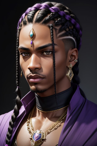mouth closed, masculine forehead, cyper punk, 3 piercings on right ear, masculine eyes, big fuller lips, african skin tone, more masculine chest, more masculine jawline, there is a black androgynous man with braids on her head and tribal style plats on one side of his head, realistic purple aura shrouding him, digital age hyper realistic background, high quality portrait, portrait of ultra fantasy style realistic, portrait shot 8 k, sharp looking portrait, taken in the early 2120s, very high quality face, nft portrait, high quality face, crazy eyes, ultra detailed portrait, highly detailed vfx portrait, extremely high quality artwork, good looking face, short hair