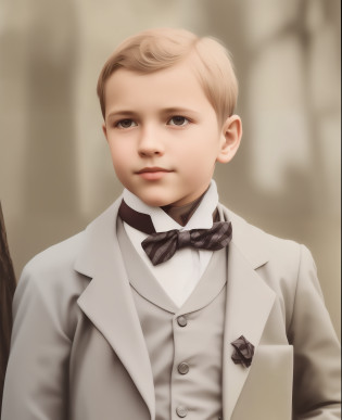 there is a young boy in a suit and bow tie holding a glass, uma foto colorida, colorido 1 9 0 4 foto, foto colorida, fotografia colorida, fotografia colorida antiga, colorido, Jovem czar, foto colorida antiga, colorido, foto colorida premiada, fundo colorido, Enzo, menino novo, hand - tinted, foto colorida, foto colorida vintage, 8k, foto RAW, melhor qualidade, obra-prima: 1.2), (realista, fotorrealista: 1.37), blurred background in a village in Italy in the 1900s