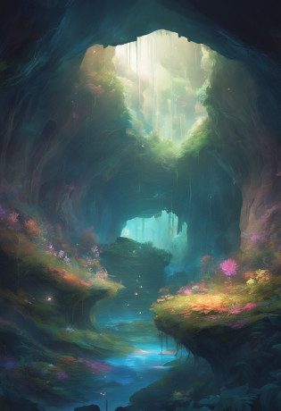 In a cave in outer space?Overgrown with colorful plants?There are inside the cave?A tree that grows like a mushroom?The top of the tree is covered with blue vines?move?with light glowing?At the mouth of the cave?There is a creature looking towards the cave?Deep in the cave floats white light tulle?