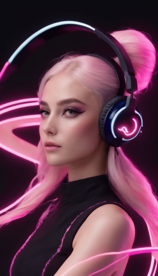 uma linda mulher jovem usando headphones, Dancing, Image with black color background graphic effects and futuristic pink neon details, graphic effects, 4K cinematic realistic image