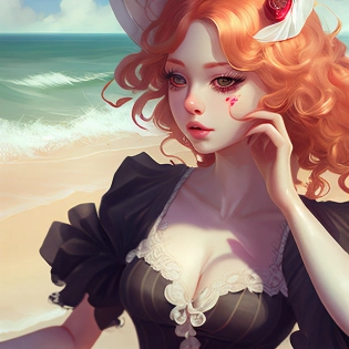 mix of Elle fanning and Christina Hendricks, key visual of a woman wearing rococo beach attire and wig at the beach, Art by WLOP, by Artgerm, by Peter Mohrbacher, by Krenz cushart, beautiful beach background by Makoto Shinkai, beautiful natural lighting, volumetric lighting, fashion, rococo eleganza, rococo fashion with a modern twist, catchy colour palette, Avant Garde, beautiful, elegant, masterpiece, super intricate details, smooth shading, crazy wig --v 4