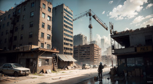 ?Industrial punk?steam style?Wasteland?post apocalyptic world?scaffolding?Construction sites?cyber punk perssonage?physically-based renderingt?water puddles?Machinary?best qualtiy?The is very detailed?Machinary?telephone poles?towns?HDR?down view?photorealistic beautiful