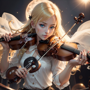 violin ,backlighting, blonde_hair, bow_\(instrument\), full_moon, green_eyes, violin, holding, holding_instrument, instrument, lens_flare, moon, music, playing_instrument, plectrum, shirt, solo, sun, upper_body, violin, white_shirt, black hair, looking at viewer,