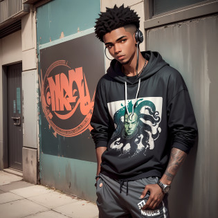 Name: Marcus Silva Age: 17 Origin: Rio de Janeiro, Brazil Ethnicity: Black Style: Hip Hop Personality: Marcus is an outgoing and fun young man. He is very passionate about Hip Hop music and is always with his headset, listening to his favorite songs. He is very sociable and loves meeting new people, especially those who share his musical interests. He is a good friend and is always willing to help those around him. Dress: Marcus likes to dress casually, and loves to wear clothes that make him comfortable. He wears a baggy black sweatshirt, with a white T-shirt underneath, long pants and an Air Jordan sneaker. He also wears some chains and a headphone around his neck, so he can listen to his music as he walks around town. History: Marcus grew up in a poor community in Rio de Janeiro. He always loved music and found in Hip Hop lyrics a way to express himself. He started listening to Hip Hop at the age of 12 and has since been following the main artists of the genre. He has always dreamed of being a famous rapper and has written some lyrics for his own songs. Marcus is a talented and determined young man, and believes he can achieve his dreams if he keeps working hard. In the image, next to Marcus, there are four black tentacles with green details, each with a wolf's head at the tip. They come out of a dark green and slightly bright magic circle, which seems to be protecting the young man. Marcus doesn't seem to mind the presence of the tentacles, as if he's already used to them. He continues with his headphone around his neck, wearing his baggy black sweatshirt, long pants and Air Jordan sneakers, looking ready to continue his journey. FOCUS ON THE TENTACLES --auto --s2