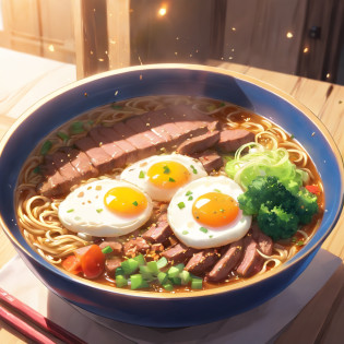 A bowl of beef noodles?Fresh vegetables?The poached egg aroma is overflowing?The brown shells are delicious and delicious?Pepper has a strong flavor?The yellow bamboo shoots are crispy and delicious?The fungus has a delicate taste?Tofu has a great final flavor?High detail, Ultra detail, complexdetails, finedetail, hyper-detailing, Cinematic, Surreal Surrealist soft light, Studio lighting, diffused soft lighting, Shallow depth of field, Sharp focus bokeh, Ray tracing, Subsurface scattering, Diffuse reflection soft lighting Ultra detail, (Complexity, detail, hyper-detailing), Cinematic, Hyperrealistic