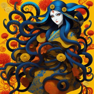 cephalopod, Priestess Chrysanthemum, silky black tentacles, orange skin, lovely blue eyes, fancy yellow and red kimono, japanese head ornaments, masterpiece, Best Quality