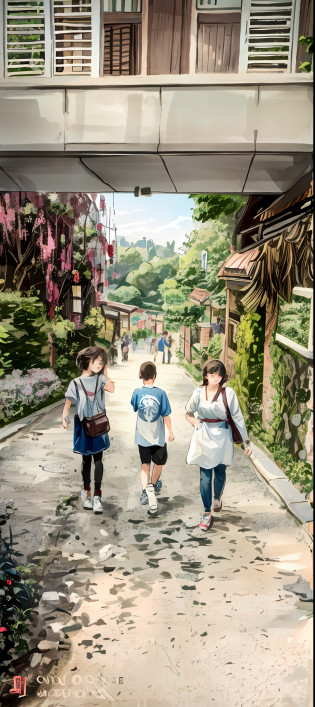Walking on a small road?In the background is a bridge, walking at the garden, Mother daughter son, People walking around, , kid, walking through a suburb, near a stone gate, Hangzhou, travelers walking the streets, ancient city streets behind her
