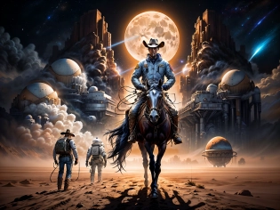 Award Winning Painting of a (Space Cowboy, Black Cowboy hat, Western Chaps, Belt, boots), Retro-Futuristic, Robotic Horse, Cyborg Horse, (Sci-Fi, Science Fiction, Alien Planet , Stars , Moon, Other worldly atmosphere:1. 1), Extreme detail, Rugged Features, Perfect Face, Cinematic composition, Golden Hour, (Classic Western Aesthetic, Cowboys vs Aliens) , (by Chris Foss + David Hardy) , IMAX, 70mm <lora:reelmech1v2:0. 45> reelmech, 16k, UHD, HDR, (Masterpiece:1. 5), (best quality:1. 5),