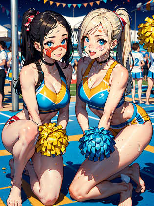 Cute female cheerleaders getting pied in the face at a carnival pie throwing booth, pie all over their faces, cheerleaders with pie all over their faces, pies getting all over their bodies, carnival, whipped cream all over the cheerleaders faces and bare feet