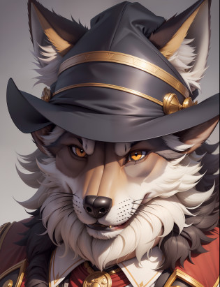 arafed wolf with a hat and a mustache on his face, an anthro wolf, anthropomorphic wolf, anthro wolf face, anthropomorphic wolf male, furry wolf, an anthropomorphic wolf, anthropomorphic coyote male, very very beautiful furry art, anthro portrait, wolf fursona, !anthropomorphic!
