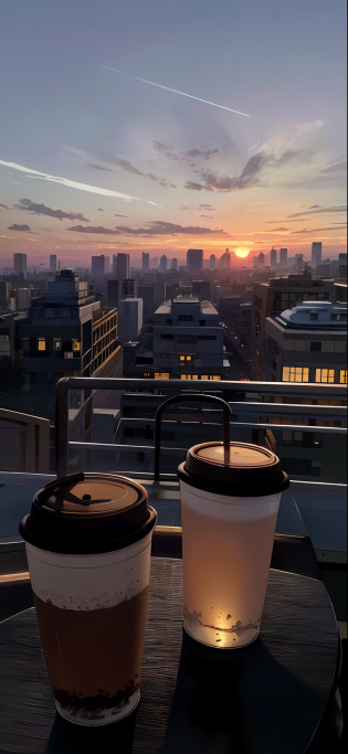 Two cups of coffee were placed on the table?looking over city, golden hour in beijing, city morning, Sunset view, deep in the night, sunsettime, chill time. Good view, morning golden hour, Late afternoon, At sunrise, taken at golden hour, morning coffee, At sunset, late morning, City sunset, City in the background, Two cups of coffee?photographrealistic