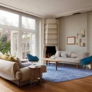 High resolution photography interior design, dreamy sunken living room conversation pit, wooden floor, small windows opening onto the garden, bauhaus furniture and decoration, high ceiling, beige blue salmon pastel palette, interior design magazine, cozy atmosphere; 8k, intricate detail, photorealistic, realistic light, wide angle, kinkfolk photography, A+D architecture