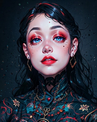 8k, solo, 1girl, solo, black hair, makeup, earrings, mole under eye, blush, jewelry, long hair, lipstick, red lips, eyeshadow, looking at viewer, colored skin, portrait, realistic, blue eyes,