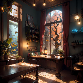 ((masterpiece)) picture of a small wooden study room scene,( low light),((luminating fairy hanging lights)), (( dark red and brown theme)), (boho style study room) , many place top of the upper shelf, beautiful sitting seat, in the room there's big window (beautiful fantasy landscapes see through window), ((detail study room)) ((small details)), (hanging light) ivy plant decorate the room, inspired by seni or environment artist, ((modern bar)), ((Boho style bar)), (intricate details), ((ultra-hd)) unreal engine (fantasy art), (( unreal engine)) render concept art, ornate one ancient tample ruins, ((glowing aquarium with fish)), pictur e capture with each every (((small details))), ((highly detailed))