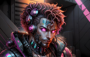 Portrait Cyborg Man Vaporwave Style, Drawn with Photoshop, Synthwave art style ]!!, Vaporwave Art, [ Synthwave art style ]!! ]!!, in style of digital illustration, [ Synthwave art style ]!!, Synthwave art style, ( ( ( cynthwave ) ) ), Digital Art Style