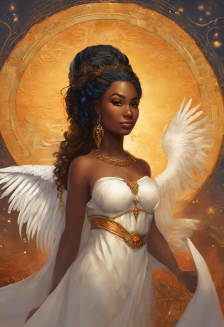 An 8K high-definition portrait of a black African woman, semi fat standing , pesando 90 kg , com 18 anos, de corpo inteiro, beleza do Deus Ebano, beleza de um deus, muito bonito ((Um homem africano negro,  anjo)) A black angel man with several majestic wings, cabelos longos e cacheados, Deus do Mar, Deus do Oceano, Luthien, arte de deus, Deus da mitologia grega, Deus da Lua, Deus do amor e da paz, deus bonito, Mitologia do Deus da Terra, o deus Eros, Um retrato impressionante de um deus, Frank Kelly Freas, Estilo Karol Bak, ((beautiful face)), Ultra Definition, melhor qualidade, 32k ultra | | | ||, Ultra HD | | | |