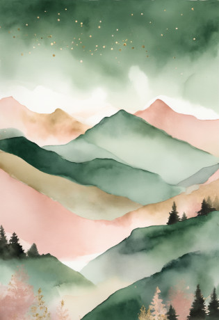 create a series of watercolor sage green and light pink with gold flecks strewn lightly throughout; boho wall art that combines minimalistic mountain silhouettes with muted sunset colors