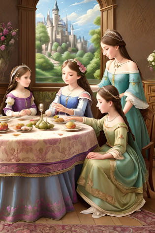 cartoon style (high resolution: 1.2),Happy moment, medieval mother and three daughters, go shopping at village market, cheer, bunnies and duck, beautiful detailed eyes, lush green garden, long flowing hair, traditional medieval clothes, castle in the background, soft natural light, portrait, realistic colors, tranquil atmosphere, immaculate details, classic oil painting, antique style, a moment frozen in time, subtle brushstrokes, vibrant hues, serene expressions, bond of love between mother and daughters , graceful poses, sunlight streaming through the trees, meticulous attention to detail, expression of tenderness and care, impressive depth and scale, majestic architecture, storybook atmosphere, caring presence of the mother, sparkling jewels and headdresses, triumphant but tender, antique tapestries and decorations, floral motifs and embroidery, draped fabrics and textures, delicate lace and ruffles, sumptuous banquet table in the castle, playful interaction between daughters, jewel-toned stained glass windows, flowers blooming lushly, butterflies and birds flutter around, stories and mysteries revealed, an enchanting tale of love and family.
