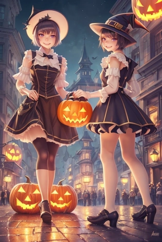 The personification of the Halloween holiday in the form of a cute girl with short hair and a villain's smile, (((cute girl)))cute hats, cute cheeks, unreal engine, highly detailed, artgerm digital illustration, woo tooth, studio ghibli, deviantart, sharp focus, artstation, by Alexei Vinogradov bakery, sweets, emerald eyes
