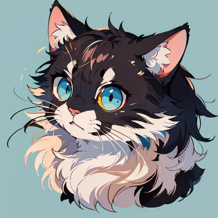 alta resolu��o, logotipo de arte de linha 2D, gato tabby preto, sorriso, sorriso, pale blue background, logotipo minimalista e simples, smooth vector illustration, monocromatic,