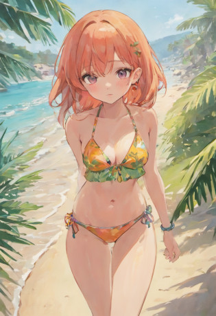 anime girl in bikini on the beach with palm trees, in the beach, at a beach, at the beach, seductive anime girl, on a sunny beach, on a beach, marin kitagawa fanart, at a tropical beach, beautiful anime girl, nezuko, nezuko-chan, anime moe artstyle, realistic bikini, beaching, attractive anime girl