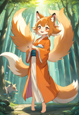(foxes:1.3),Two-shot photo of a girl and a fox,(Fantasia,Kitsune Yokai Four-Tailed Heavenly Fox,),(Smiling Girl and Fox Youkai: The Tale of the Four-Tailed Heavenly Fox), (Smiling happy girl bent over deep in the forest and looking up,Fox Yokai Two-shot movie of a fox protecting a girl's back Poster of the four-tailed heavenly fox), (natural soft light.)(Sunlight,),(Sunlight,),(Professional Lighting.), (glossy light brown and orange two-tone color,,Wave Shortcut Hair,disheveled hair,),japanese kimono,Geta,