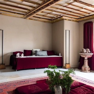 High-resolution photography interior of a serene temple, where monks in dark burgundy red robes are humming, high tech, cinematic lighting, to scale, hyperrealistic, burning candles, sunbeams, sunlight entering, small windows opening onto the garden, wooden floor, Bauhaus furniture and decoration, beige blue salmon pastel palette, interior design magazine, cozy atmosphere; 8k, intricate detail, photorealistic, realistic light, wide angle, kinfolk photography, A+D architecture. If you want to be happy, practice compassion. .