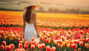 There is a beautiful Chinese woman standing in a field of tulips with a sun hat and wearing a white halter dress, longos cabelos castanhos ondulados, wearing sunglasses, alto e magro, Beautiful, sorriso sutil, Standing in the field of tulips, standing in a flower field, Woman standing in tulip field, girl standing in a flower field, standing in a field with flowers, menina em um campo de flores, com campos de flores em primeiro plano, em um campo de flores, campos de flores, girl standing in flower field