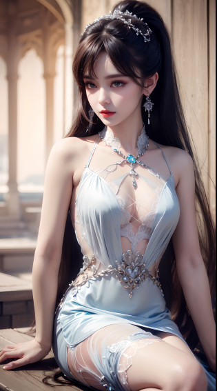 8K ultra hd, masterpiece, best quality, a beautiful girl, long hair, impressive hairstyle, royal hair jewellry, pretty cute face, flawless face, jewellery earrings, antique jewellery, details eyes, beautiful eyes, meticulous makeup, thin eyebrows, beautiful red lips, medium breasts, white mesh socks, thin white silk shirt with many white motifs, white lace shirt, long bangs and a long platinum white ponytail, realistic colors, magic effects, Ancient hanfu background, look directly at the audience, sitting, whole body capture,