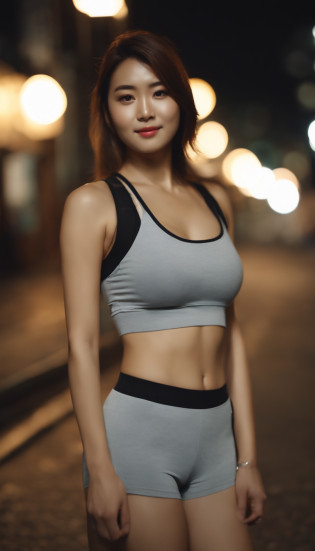 4k high quality, night street view, 3 point lighting, cinematic photo shoot, soft lighting, realistic lighting, street, japan girl with beautiful body, beautiful face, wearing sport shorts, OOTD, slim body, smiling at camera, seductive pose