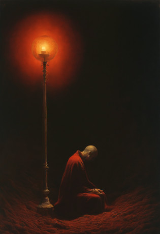 Image in the style Zdzis?aw Beksi?ski a lamp occupying 2-4 of the screen, Only its inner glow is seen more radiant and from its base sprout red roots that blend into the soil.They invade the screen in a chaotic and aggressive way, (clima de terror) (The mysterious background of the sky ( cores vibrantes) (Near the lamp, A corpse meditates on the ground (atmosfera misteriosa) ocultista