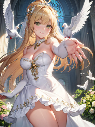 Masterpiece, Best Quality, Official Art, (Highly Detailed CG Unity 8k wallpaper), Detailed background, (Hands by Guido Daniele: 1.1), Feet out of frame, First Person View, 1, Beautiful woman who is attractive and perfect, Blessing Woman, (Curvaceous), (Standing), (((Outstretched Hand: 1.4, Upturned Palm: 1.14))), (((Goddess: 1.4, Beautiful Angel: 1.4)) ), (Bridal Gauntlets, Gorgeous Pure White Dress, Pure White Large Skirt, Gold Ornaments, Bridal Garters, Bridal Legwear, White Thighs: 1.12), (Blonde Long Hair: 1.12), (Ahoge: 1.13), (High Ponytail: 1.12), (Green Eyes: 1.13), Look at the Beholder, Big, (cleavage), Beautiful Face, (Blush: 1.11), (Smile (1.11), indoors, (wedding), church, (sunlight shining through stained glass), (flower garden, countless bouquets, soaring petals, beautiful flower decorations), (((Bouquet of blessings: 1.4, blessing bells, luxurious blessing venues, beautiful white birds flying)))