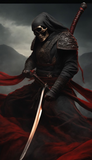 1-edged skull katana with long black blade, curva e serrilhada. Cabo vermelho com tiras de tecido.