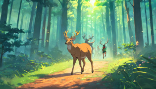 A afraid deer run in forest, hudge fire in forest, forest burned out, running all animals, elephant, deer, jackle, lion, tiger, Birds, parrot, crow, peacock, hud hud bird, dark cloudy environment, morden anime style