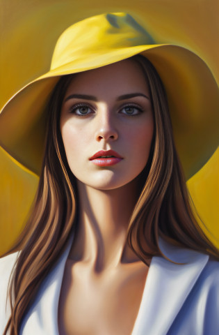 There is a woman in a yellow hat and yellow jacket, pintura digital realista, lindo pintura digital, pintura digital fotorrealista, pintura digital ultra realista, pintura digital brilhante, pintura digital detalhada, pintura digital impressionante, pintura digital ultra realista, realistic digital illustration, Pintura Digital de Alto Detalhe, rosto bonito fotorrealista, rosto bonito realista, pintura digital bonita, Detalhes baixos. pintura digital