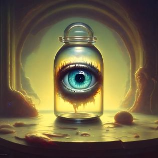 human eye in a glass jar by peter Mohrbacher and greg rutkowski, intricate details, 8k uhd, photorealistic, redshift render.