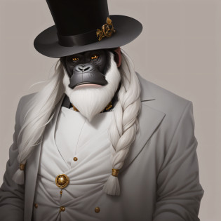 There is a chimpanzee with a long beard wearing a top hat, inspirado no artista de personagens seniores, personagem de fantasia hiper detalhado, arte conceitual realista do personagem, retrato do personagem da fantasia, Personagem altamente detalhado, arte de personagem impressionante, retrato da arte do conceito do personagem, by senior character artist, retrato da arte do personagem, arte do personagem do motor irreal, epic character portrait, retrato de arte conceito de fantasia, retrato detalhado do caractere