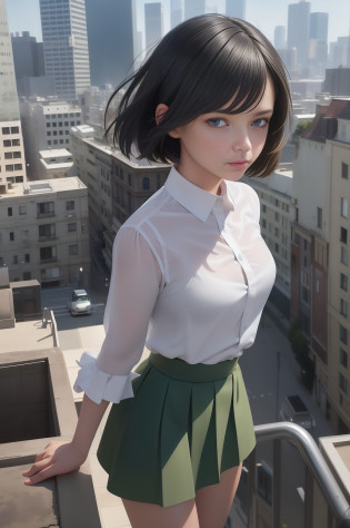 masterpiece, best image , black hair, blue eyes, looking up, upper body, thin transparent shirt with white collar, textured face, stubborn stance, on the roof of a building, very detailed city roof background, standing with rooftop railing, overlooking the city, with the PARCO sign of the next building in the background, shading, light awn, watercolor style, one girl surrounded by the roof of the building, pointed, ultra high definition face, detailed eyes, Neat thin soft cloth green skirt, random hairstyle short hair, green ribbon, (8K, RAW, professional, best quality, masterpiece: 1.2), (realistic, photorealistic: 1.37), super detail, (portrait), (best detail skin: 1.2), (best detail face: 1.2), cinematic lighting