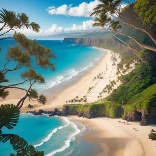arafed view of a beach with a lighthouse in the distance, hawaii beach, breath-taking beautiful beach, maui, beautiful beach, beautiful magical palm beach, kauai, wallpaper - 1 0 2 4, kauai springtime, beach on the outer rim, sandy beach, tropical beach paradise, beautiful wallpaper, big island, beautiful tropical island beach, beach landscape, beautiful place