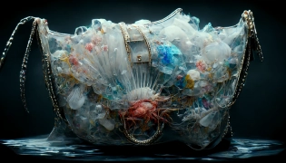 a handbag designed in the year 2022 by Alexander Mcqueen inspired by plastics in the ocean, costume design, octane render, ultra detail, hyper realistic, fashion design --q 5 --ar 16:9