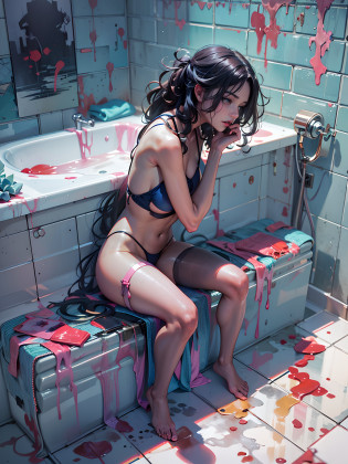 DSLR, F/2.8, Lens Flare, 5D, 16k, Super-Resolution . realistic style, key visual, vibrant, studio realistic, highly detailed A different mood whimsical full body view best quality, eerie masterpiece, monochromatic palette dominated by eerie shades of deep blue horror themed bathroom  curly bikini girl sharp look, wide eyes, very dark lips, A fallen female kneels in anguish drenched in bathroom  wet, translucent, emotional, oris vallejo art, Mysterious,stylish bikini to e bathroom  in a vintage bathroom, perfect anatomy, highly detailed, graphic 3d model, render, comic art, graphic novel art, vibrant, detailed character
