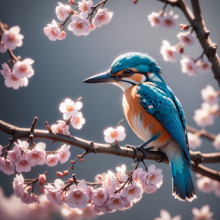 Superb Kingfisher Near White Cherry Blossoms on Branches, Dark, Dawn, (Cold Morning: 1.1), (Morning Dew: 1.15), Realistic Photography, (Low Photo: 1.2), Detail, 8K, Intricate Folded Feathers, Water Droplets on Feathers, (to8contrast style), (MIST: 0.7), Bright Colors, Sony a6600 Mirrorless Camera, embellish2 --v 6