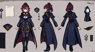 ??tmasterpiece??????best qualtiy?????CharacterDesignSheet?Same role?frontage?Lateral face?on  back??1girll????Red hair?dual horsetail?Blue eyes?tmasterpiece?best qualtiy?looking around a corner?full bodyesbian?Height 150cm?A detailed?ssmile?Black sailor dress?Long blue trench coat?The numeric code is attached as an attachment?charturnbetalora?concept-art?concept art of character?Character sketches?reference sheet?Role table??simplebackground?white backgrounid? 1.3)