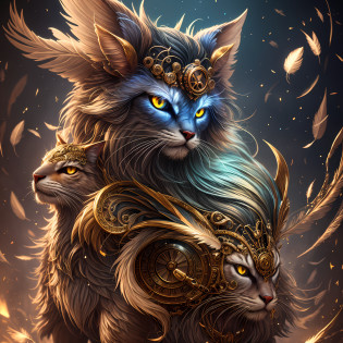 generate a celestial non-human animal in the style of steampunk and fantasy. the animal should be fluffy and have feathers and silk and satin. emphasize small details of fantasy and steampunk. camera: utilize interesting and dynamic composition. enhance visual interest. lighting: use ambient lighting that enhances the ambiance of fantasy. include bold colors and deep shadows. hires, detailed eyes, hires detailed eyes, hires small details, ornate, intricate details, 8k, shimmer, unity, official cgi unreal engine, high resolution, (((masterpiece))), high quality, highres, detail enhancement