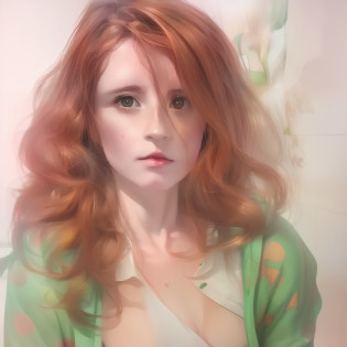 a watercolor and pencil drawing of an incredibly beautiful 32-year-old model with wavy dark red hair, delicate lips, olhos cor de mel, rosto sexy, corpo magro, LiliArt