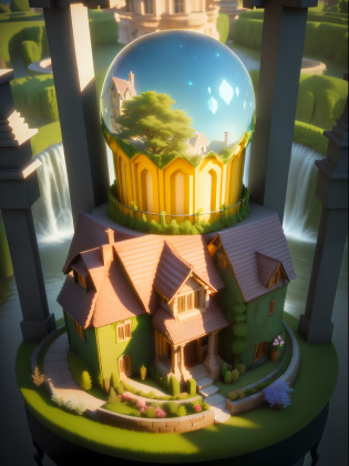 Close-up of baroque house with tree in garden, stylized 3d rendering, stylized 3d rendering, stylized concept art, stylized 3d rendering, stylized game art, fantasy house, isometric 3d fantasy cute house, super detailed color lowpoly art, stylized 3d, 3d stylized scene, flowers, river, waterfall, round sphere transparent glass transparent, streamer, night, starry sky