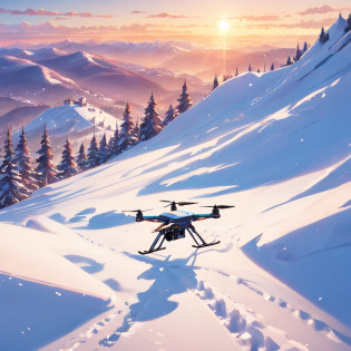 tmasterpiece?best qualtiy?cinematic Film still from?A man at the Snow Mountain Ski Resort wears professional ski equipment?The standing backrest is located in the middle of the frame?The proportion is relatively small?Man holding a remote-controlled aircraft remote control?At the top of a snowy mountain, A small remote-controlled quadcopter flying in the sky?The prominent position of the drone in the picture, In the distance is the tourist area of the snowy mountain ski resort?The ski runs have ropeways up the mountain?Bright?cheerfulness?Warm and soft lighting?the sunset??spark of light?0.7?